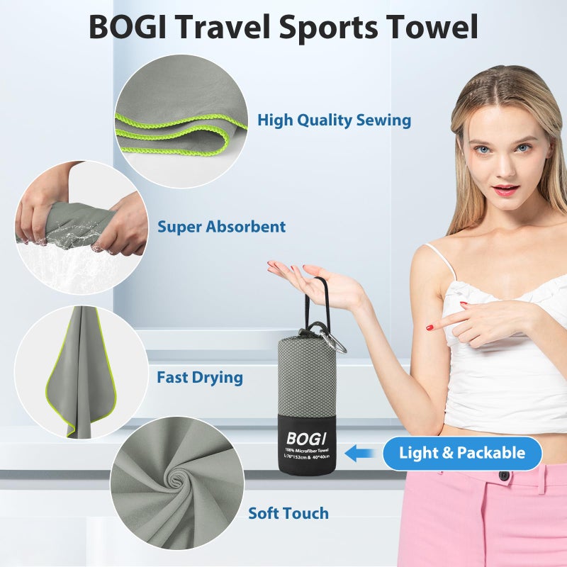 BOGI Microfiber Travel Sports Towel-Quick Dry, Soft Lightweight, Absorbent, Compact for Camping, Gym, Yoga, Swimming, Backpacking (L:60''x30''+16''x16'' - Grey) - Image 4